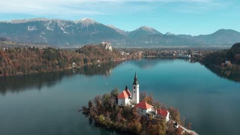 Lake-Bled-Island-in-Slovenia-during-the-fall-season-with-clear-skies