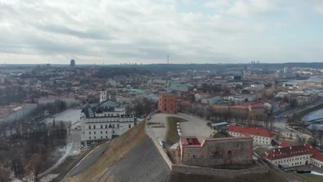 AERIAL:-Flying-Towards-Vilnius-Gediminas-Tower-and-Palace-of-the-Grand-Dukes-of-Lithuania