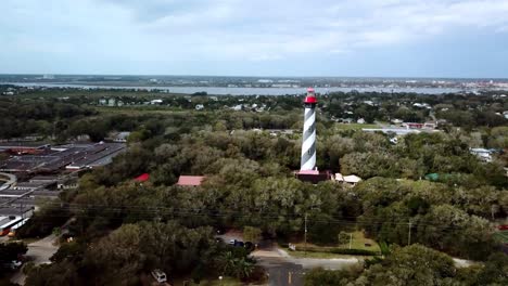 Aerial-Pullout-St-Augustine-Lighthouse,-St-Augustine-Light-Station-near-St-Augustine-Florida