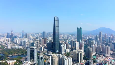 Shenzhen-skyline-including-Kingkey-Finance-Tower-KK100,-the-second-tallest-skyscraper-in-Shenzhen,-Aerial-view