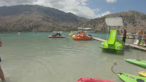 Lake-Kournas,-pedal-boats-and-canoes