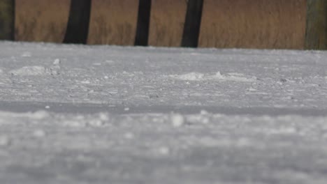 Close-up-shot-of-an-ice-rink-with-skater's-feet-passing-by