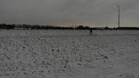 Lone-Person-Walks-Through-Winter-Countryside-At-Dusk