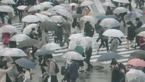 Hochwinkelaufnahme-Von-Menschen-Am-Shibuya-Übergang-An-Einem-Regnerischen-Tag-Während-Der-Pandemie