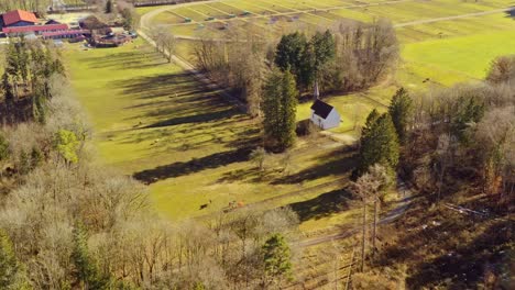 Green-farmland-with-horses-and-a-church-in-southern-bavaria-captured-from-above-as-look-up-shot-with-dolly-zoom-effect-at-the-little-chapel