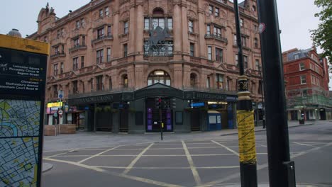 Lockdown-in-London,-Hippodrome-Casino-Leicester-Square-Tube-Station-deserted-streets-during-the-Coronavirus-pandemic-2020