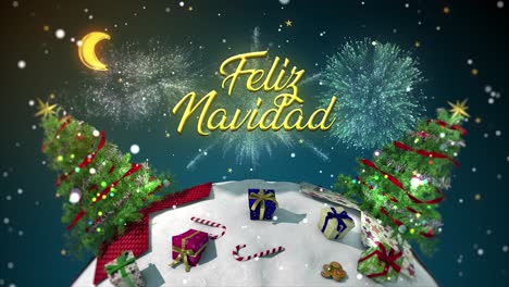 Charming-3D-motion-graphic-of-a-mini-snowy-world-spinning,-with-trees-popping-out-of-gifts-and-fireworks-bursting-in-a-snowy-night-sky-and-the-message-�Feliz-Navidad??