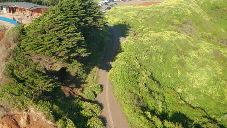Aerial-dolly-showing-Puerto-Saavedra,-Chile-starting-on-land-then-reviling-large-cliff-on-the-shore-line,-bright-sunny-day