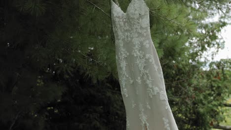 Close-up-of-a-gorgeous-designer-wedding-dress-hanging-from-a-pine-tree-in-the-back-yard-at-at-the-Strathmere-Wedding-Centre-and-Spa
