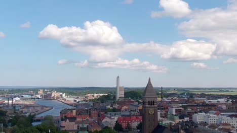 Tilt-down-view-of-Norrkoping-church-and-downtown-buildings-in-drone-view