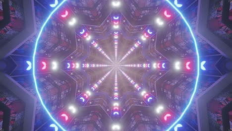 A-star-shaped-tunnel-of-red,-blue-and-white-lights-with-blue-and-red-rings-of-light-pulsating-through-the-frame