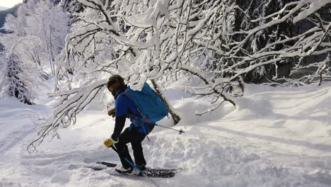 Skier-sliding-away-through-white-snow-enchanted-forest