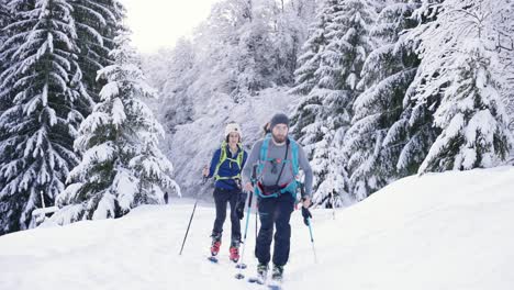 Lächelndes-Skifahrerpaar,-Das-Aus-Gesundheitlichen-Gründen-Bergauf-Geht