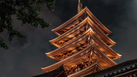 Five-story-Pagoda-At-In-Senso-Ji-Temple-Illuminated-At-Night-In-Asakusa,-Tokyo,-Japan