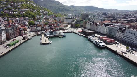Vågen-byfjord-Bergen---With-city-centre-bryggen-fishmarket-and-express-boat-terminal---Cityscape-aerial-view-in-sunny-summer-day