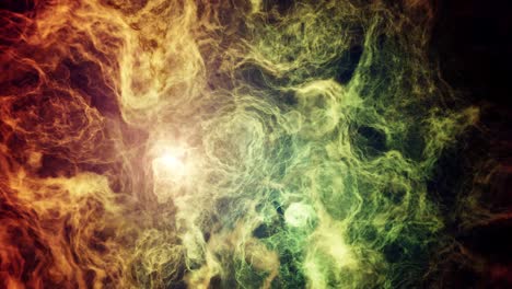 Brillante-Estrella-De-Neutrones-Rodeada-De-Infinitas-Nubes-De-Nebulosas-Espaciales-Multicolores-Naranjas-Y-Verdes