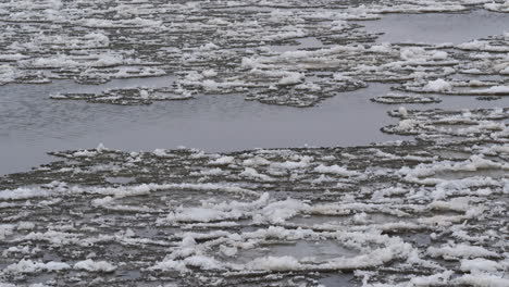 Ice-floe-flowing-in-the-river-on-overcast-day