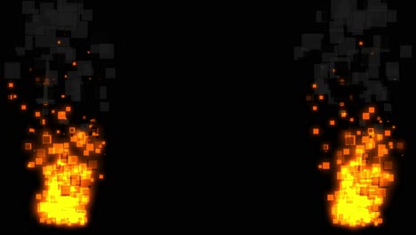 Small-pixel-fires-with-grey-smoke-burning-on-both-sides-of-the-frame-on-black-background,-2D-pixel-style-animation