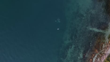 Vista-única-De-Drones-Girando-Y-Cayendo-Desde-Arriba-Hacia-Un-Grupo-De-Buceadores-Bajo-El-Agua