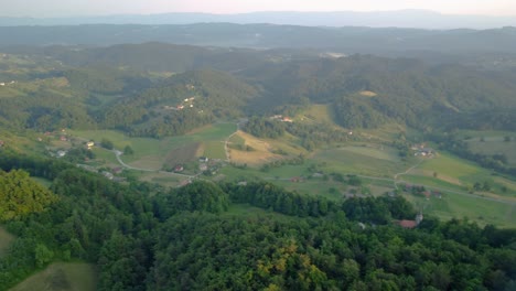 Grüne-Slowenische-Landschaft,-Kleine-Hügel,-Bedeckt-Mit-Wald-Und-Wiesen-Und-Vielen-Bauernhöfen