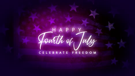 Beautiful,-glowing-animated-motion-graphic-with-deep-purple-and-pink-color-scheme,-featuring-rotating-arches-of-stars-over-a-Star-Spangled-Banner-and-Happy-Fourth-of-July-and-freedom-messaging