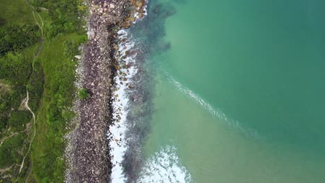 Luftaufnahmen-Von-Oben-Mit-Drohnen-Von-Meereswellen,-Die-Das-Grüne-Ufer-Erreichen