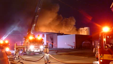 Firefighters-battle-the-blaze-at-a-devastating-event-of-massive-fire-destroys-Etobicoke-pastry-business-Del’s-Pastry,-on-Bering-Avenue,-Toronto-Canada,-15th-June-2021