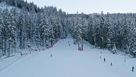 Skiers-on-slope-and-ski-lift-near-Zakopane,-Poland