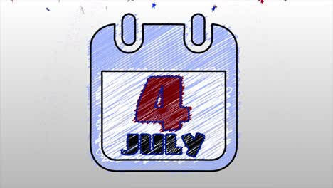 Clean-and-exciting-animated-motion-graphic-of-a-calendar-page-revealing-the-4th-of-July,-in-scribble-style,-with-cartoon-fireworks-and-small-falling-red-white-and-blue-stars
