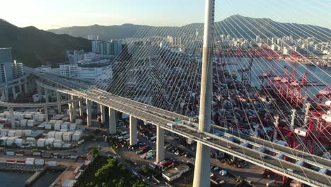Hong-Kong-bay-Stonecutters-bridge-and-commercial-port,-Aerial-view