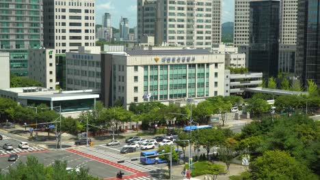 Dusan-Police-Station-in-Daejeon-City-Near-Roads-Intersection,-South-Korea-high-rise-point-of-view
