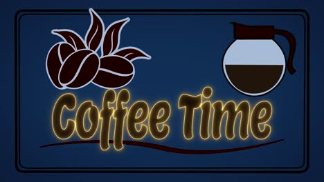 Vibrant-and-classic-animated-motion-graphic-of-a-coffee-pot-pouring-to-reveal-the-words-Coffee-Time,-with-stylish-coffee-beans-and-leaves-motif-and-a-dark-blue-background