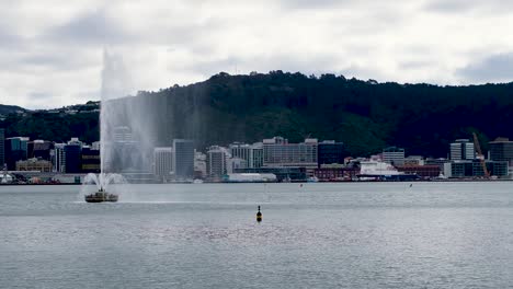 Iconic-water-fountain-landmark-in-the-capital-Wellington-on-Oriental-Parade-waterfront-in-Oriental-Bay,-Wellington-harbour,-New-Zealand-Aotearoa
