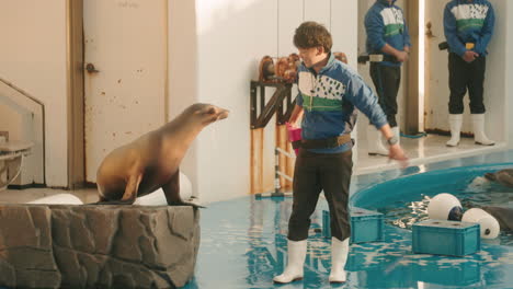Performance-Of-A-Trained-Seal-In-Sendai-Umino-Mori-Aquarium,-Male-Trainer-Interacts-With-The-Seal---wide-shot