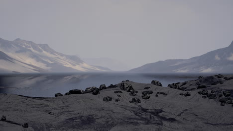 Winter-landscape-with-snow-covered-rocks-at-Arctic-Ocean
