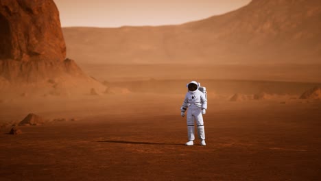 Astronauta-En-La-Superficie-De-Marte.-Planeta-Rojo-Cubierto-De-Gas-Y-Roca
