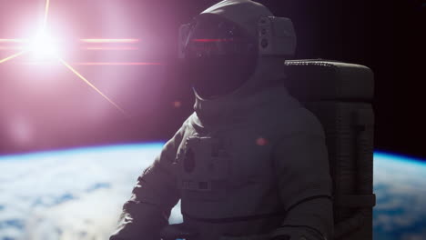 Hombre-Espacial-Astronauta-En-El-Espacio-Sobre-Un-Fondo-Del-Planeta-Tierra-Azul