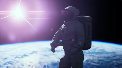 Hombre-Espacial-Astronauta-En-El-Espacio-Sobre-Un-Fondo-Del-Planeta-Tierra-Azul