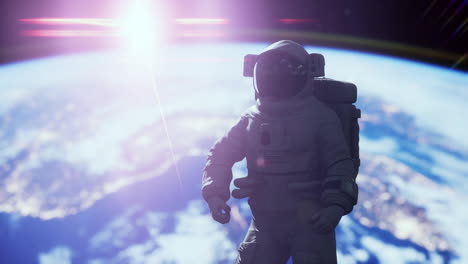 Space-man-astronaut-in-space-on-a-background-of-the-blue-planet-Earth