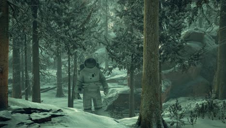 Astronaut-Erkundet-Den-Wald-Im-Schnee