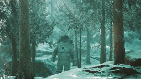 Astronaut-Erkundet-Den-Wald-Im-Schnee