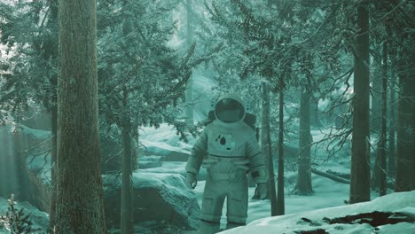 Astronauta-Explorando-El-Bosque-En-La-Nieve
