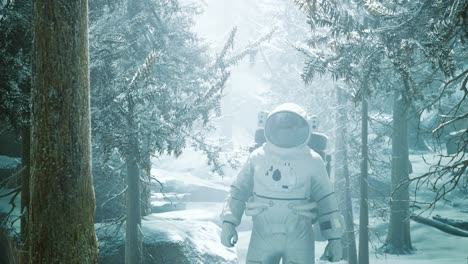 Astronaut-exploring-forest-in-snow