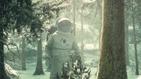 Astronaut-exploring-forest-in-snow
