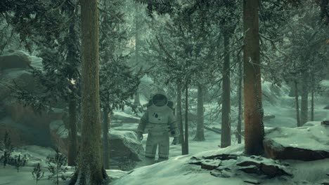 Astronauta-Explorando-El-Bosque-En-La-Nieve