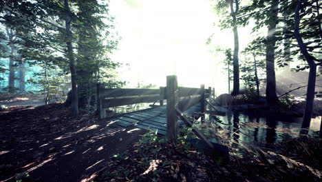 Suspended-wooden-bridge-crossing-the-river-to-foggy-mysterious-forest