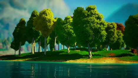 Cartoon-Grüne-Waldlandschaft-Mit-Bäumen-Und-See