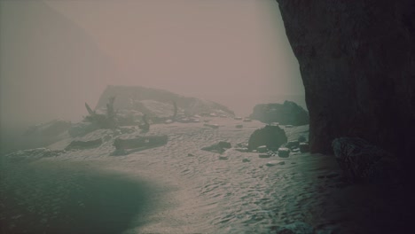 rocky-cliff-with-sand-beach-in-deep-fog