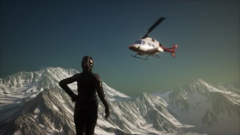 woman-and-helicopter-in-winter-mountains