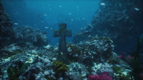 Kreuzt-Unter-Wasser-Auf-Einem-Versunkenen-Friedhof-Auf-Dem-Grund-Vulkanischen-Ursprungs-Im-Atlantik